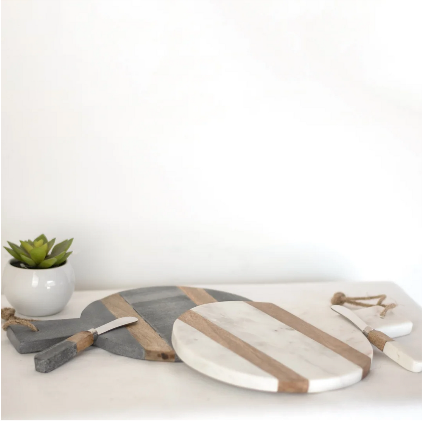 Wood and Marble Cutting Board with Knife Set
