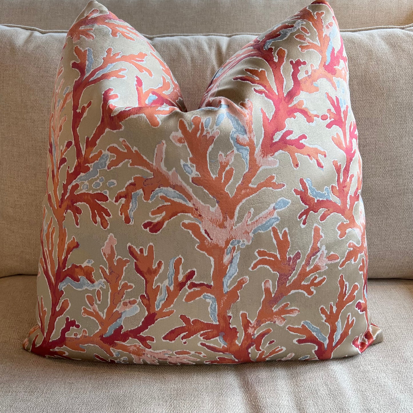 Watercolor Coral on Tan Fabric Pillow