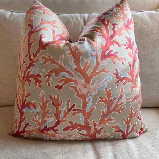 Watercolor Coral on Tan Fabric Pillow