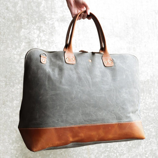 Gray Canvas and Leather Weekender Bag